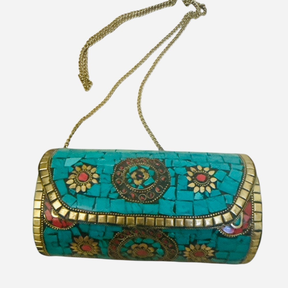 Antik Kraft Turquoise Mosaic Cylinder Clutch Boho Statement Bag Purse Gold Chain - Picture 2 of 5